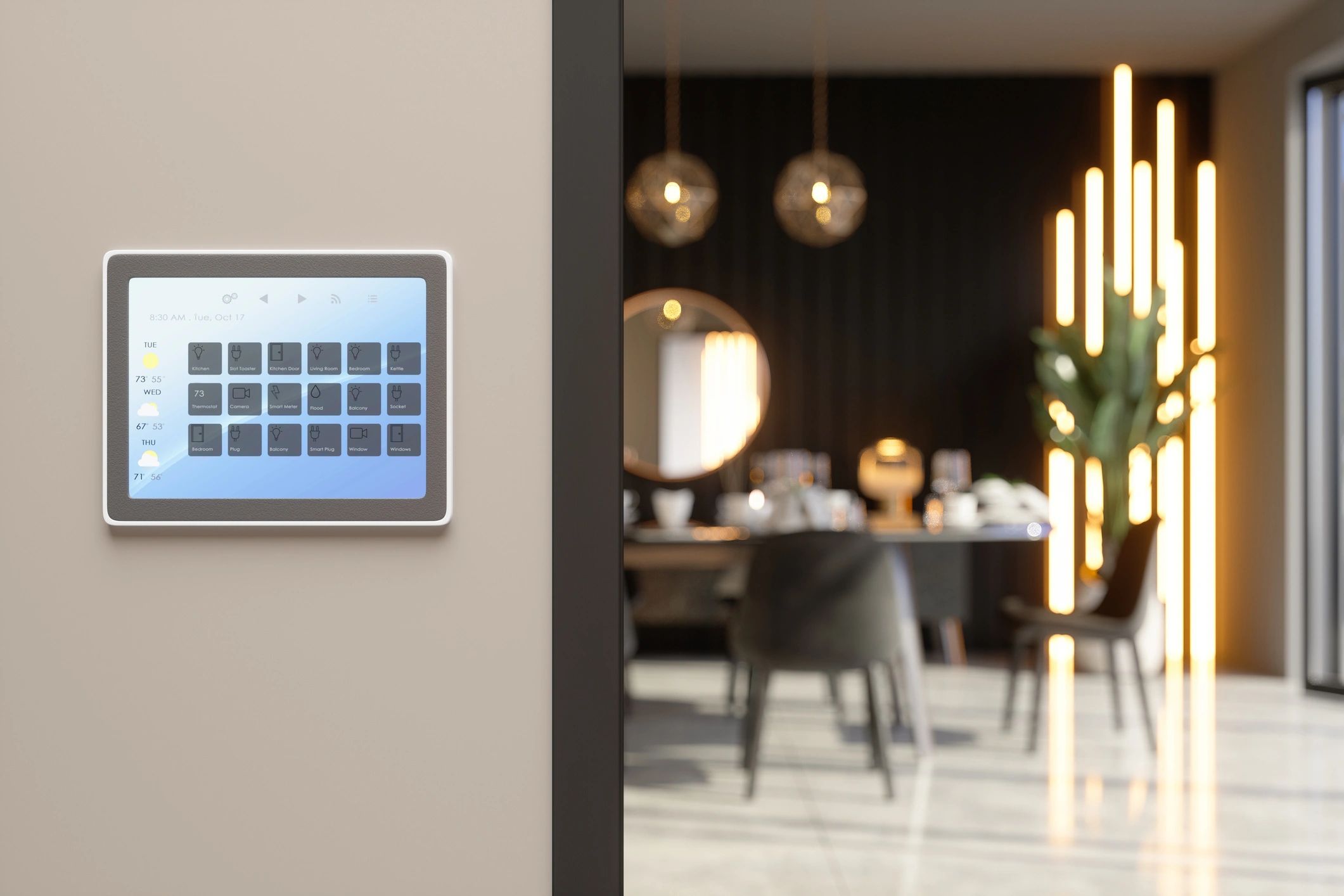 Smart home security control panel interface on a digital screen